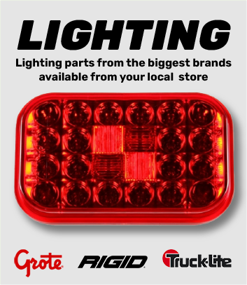 Lighting promotion which says LIGHTING - parts from the biggest brand available from your local store. It shows a generic red signal light and below shows logo from Grote, Rigid and Truck-lite