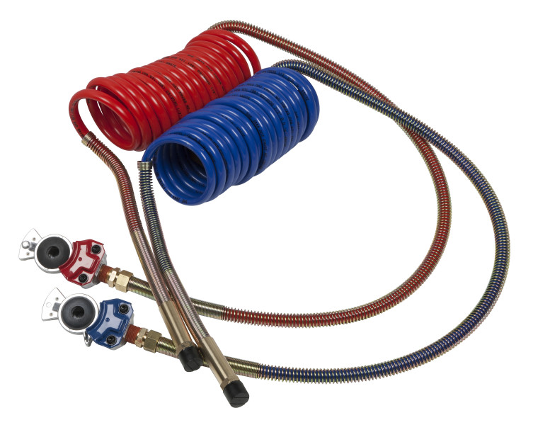 Image of 15' Air Coiled Set W/12" Leads And Brass Handle With Red/Blue Glad Hands from Grote. Part number: 81-0015-40HGH