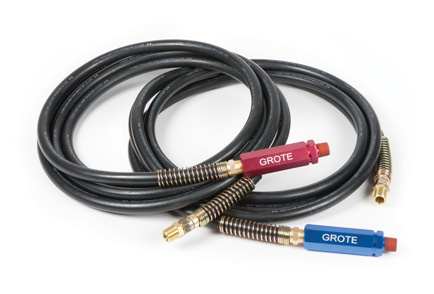 Image of 15', Rubber Air Hose ;  Black With Red/Blue Anodized Grips, Pair from Grote. Part number: 81-0115-GRB