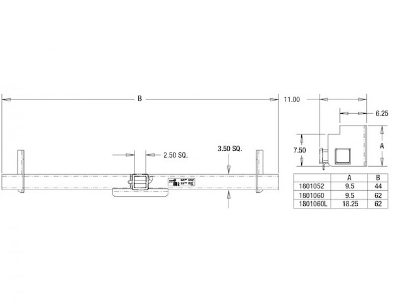 Image of Class 5 44 Inch Service Body Hitch Receiver with 2-1/2 Inch Receiver Tube and 9 Inch Mounting Plates from Buyers Products. Part number: 1801052