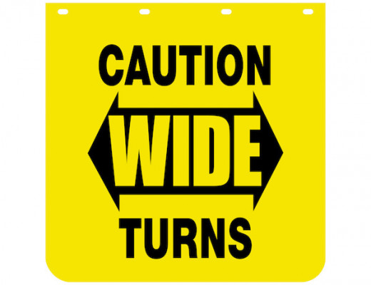 Image of Caution Wide Turns Yellow Polymer Mudflaps 24x24 Inch from Buyers Products. Part number: B2424YC