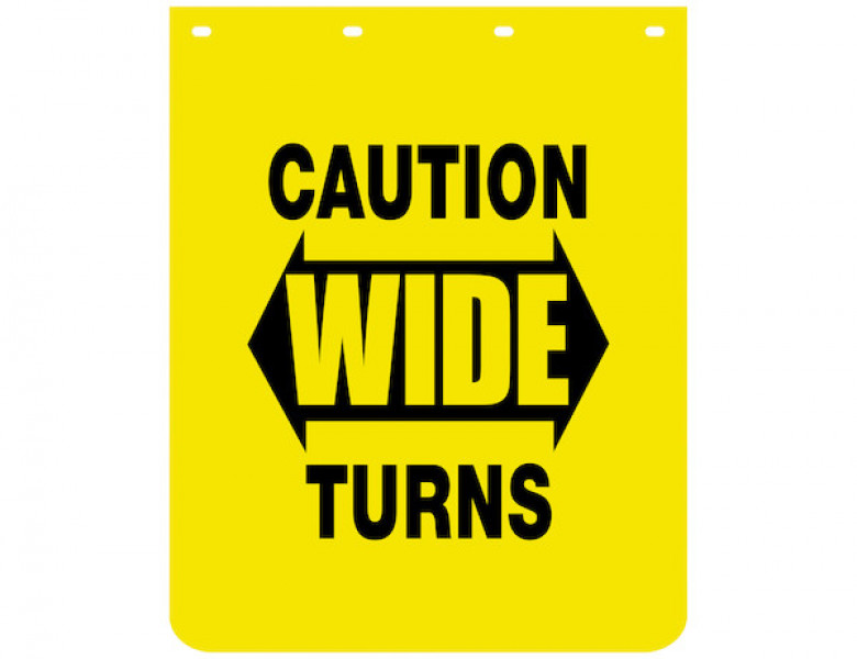 Image of Caution Wide Turns Yellow Polymer Mudflaps 24x30 Inch from Buyers Products. Part number: B2430YC