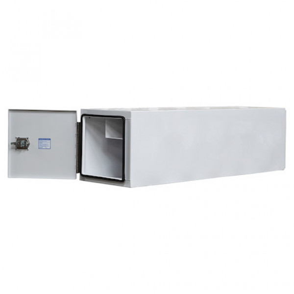 Image of 24x24x96 Inch White Steel Straight Side Tunnel Truck Tool Box with Shelf from Buyers Products. Part number: BP242496W