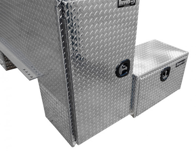 Image of 62x54x82 Inch Diamond Tread Aluminum L-Pack Backpack Truck Tool Box with Offset Floor - 16.35 Inch Offset from Buyers Products. Part number: BP826254