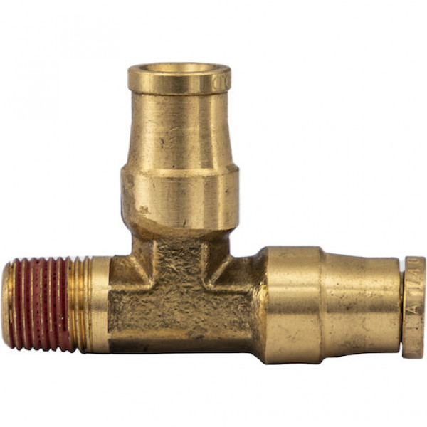 Image of Brass DOT Push-In Male Run Tee 1/4 Inch Tube O.D. x 1/8 Inch Pipe Thread from Buyers Products. Part number: BRT0M25P125