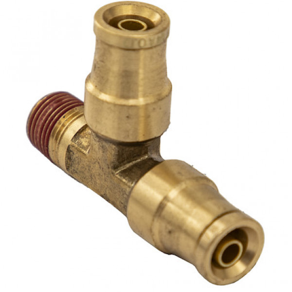 Image of Brass DOT Push-In Male Run Tee 1/4 Inch Tube O.D. x 1/8 Inch Pipe Thread from Buyers Products. Part number: BRT0M25P125