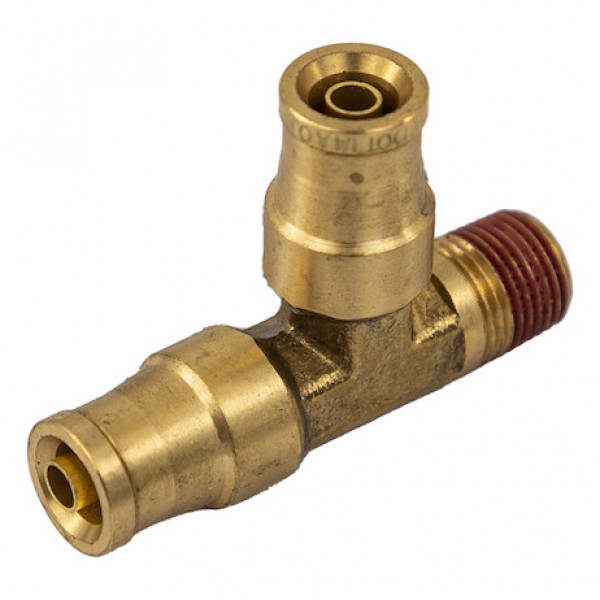 Image of Brass DOT Push-In Male Run Tee 1/4 Inch Tube O.D. x 1/8 Inch Pipe Thread from Buyers Products. Part number: BRT0M25P125