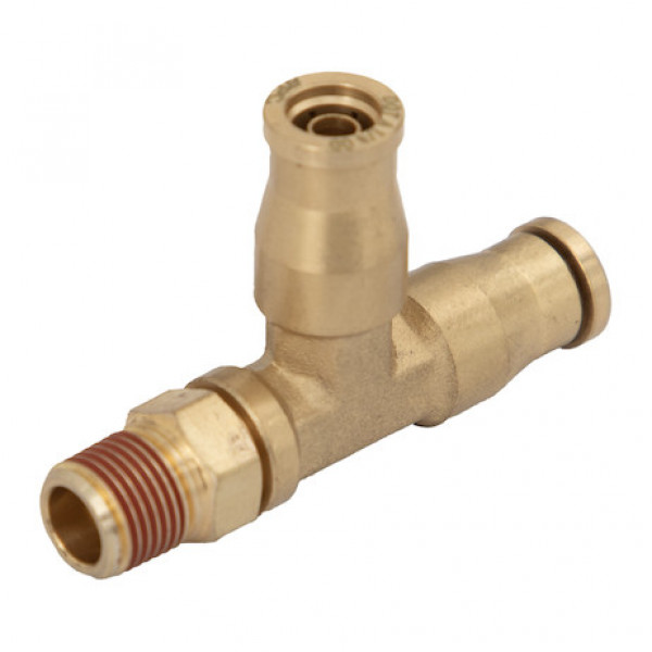 Image of Brass DOT Push-In Swivel Male Run Tee 1/4 Inch Tube O.D. x 1/8 Inch Pipe Thread from Buyers Products. Part number: BRT0M25P125S