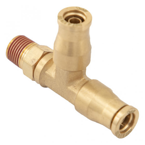 Image of Brass DOT Push-In Swivel Male Run Tee 1/4 Inch Tube O.D. x 1/8 Inch Pipe Thread from Buyers Products. Part number: BRT0M25P125S