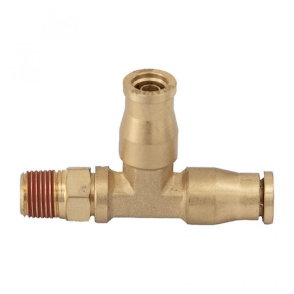 Image of Brass DOT Push-In Swivel Male Run Tee 1/4 Inch Tube O.D. x 1/8 Inch Pipe Thread from Buyers Products. Part number: BRT0M25P125S