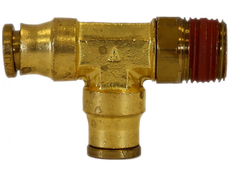 Image of Brass DOT Push-In Swivel Male Run Tee 1/4 Inch Tube O.D. x 1/8 Inch Pipe Thread from Buyers Products. Part number: BRT0M25P125S