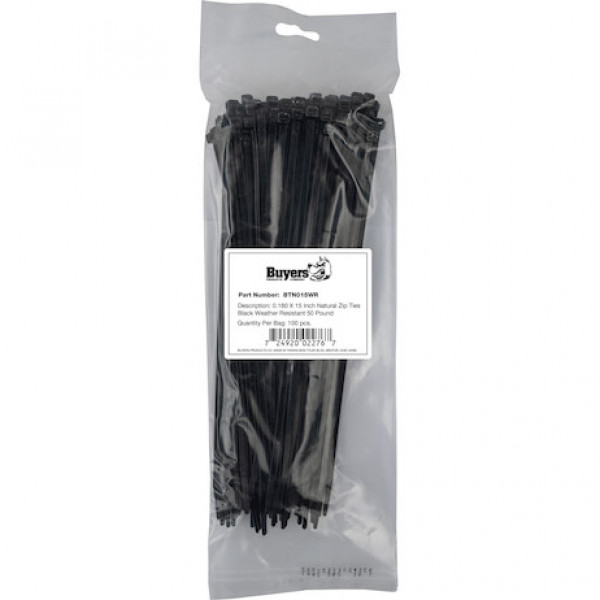 Image of 15-inch Length Black Weather-Resistant Nylon Cable Zip Tie (100-Pack) from Buyers Products. Part number: BTN015WR