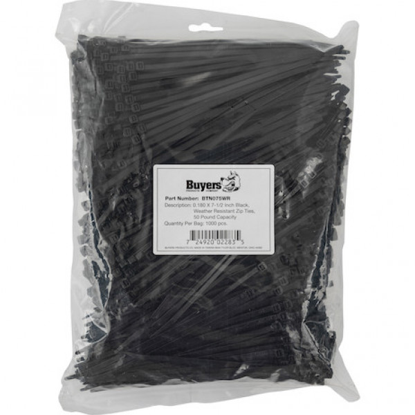 Image of 7.50-inch Length Black Weather-Resistant Nylon Cable Zip Tie (1,000-Pack) from Buyers Products. Part number: BTN075WR