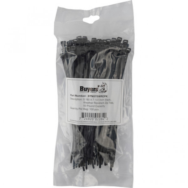 Image of 7.50-inch Length Black Weather-Resistant Nylon Cable Zip Tie (100-Pack) from Buyers Products. Part number: BTN075WRCPK