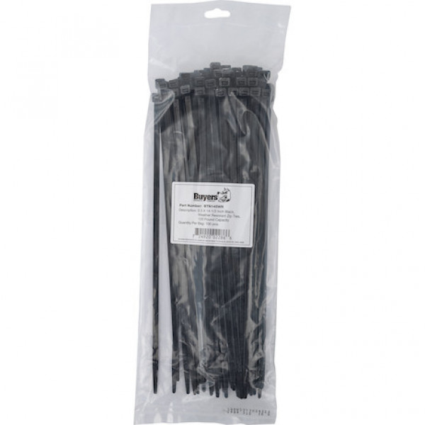 Image of 14.50-inch Length Heavy-Duty Black Water Resistant Nylon Cable Zip Tie (100-Pack) from Buyers Products. Part number: BTN145WR