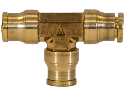 Image of Brass DOT Push-In Union Tee 1/4 Inch Tube O.D. from Buyers Products. Part number: BUT0P25