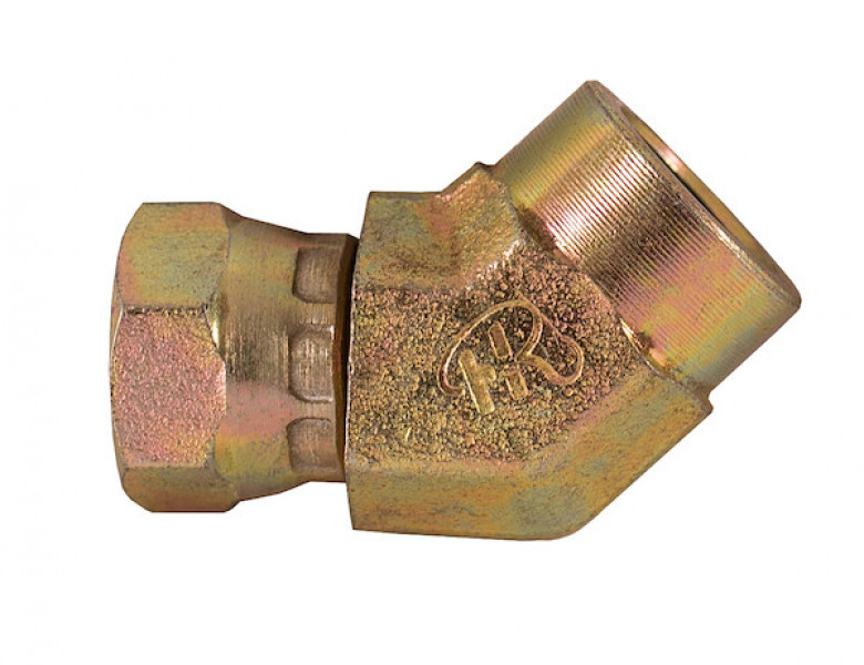 Image of 1/2-14 Inch NPSM Female Pipe Swivel To 1/2-14 Inch Female Pipe 45Elbow from Buyers Products. Part number: H9385X8X8