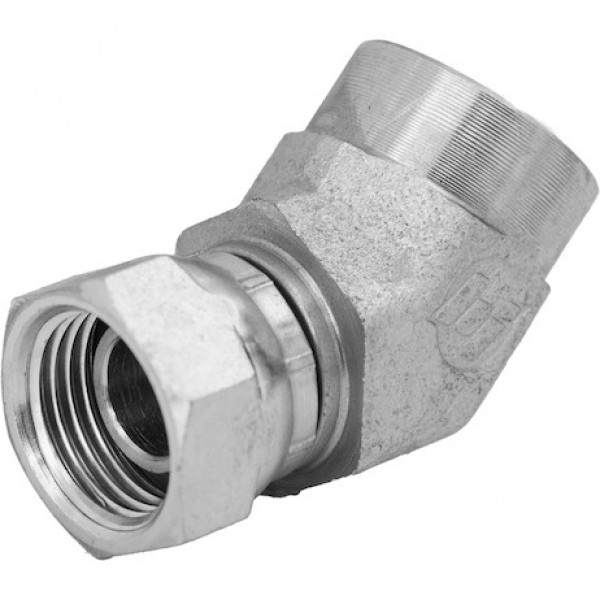 Image of 1/2-14 Inch NPSM Female Pipe Swivel To 1/2-14 Inch Female Pipe 45Elbow from Buyers Products. Part number: H9385X8X8