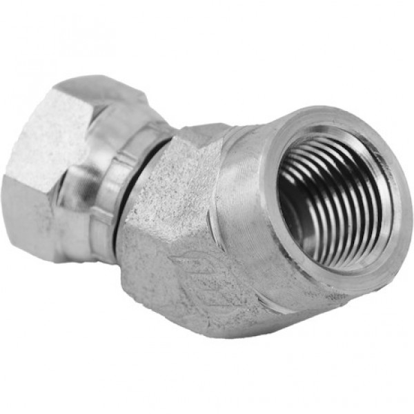 Image of 1/2-14 Inch NPSM Female Pipe Swivel To 1/2-14 Inch Female Pipe 45Elbow from Buyers Products. Part number: H9385X8X8