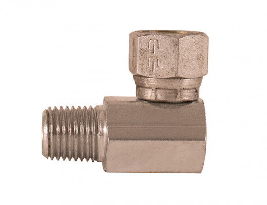 Image of 1/4-18 Inch NPSM Female Pipe Swivel To 1/4-18 Inch Male Pipe Thread 90Elbow from Buyers Products. Part number: H9405X4X4