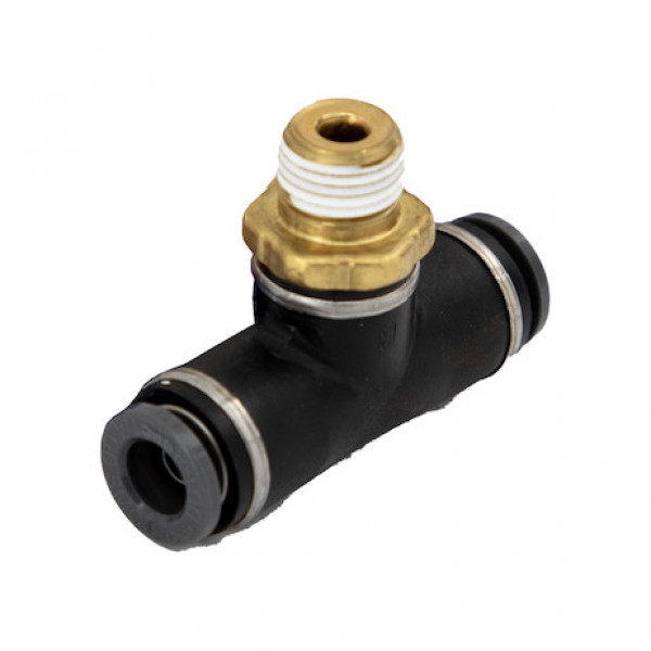 Image of Brass/Poly DOT Push-In Swivel Male Branch Tee 1/4 Inch Tube OD x 1/8 Pipe Thread from Buyers Products. Part number: NBT0M25P125S