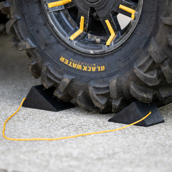 Image of Mini Rubber Wheel Chock Set 3x5x2.25 Inch with 3 Foot Rope from Buyers Products. Part number: WC35225