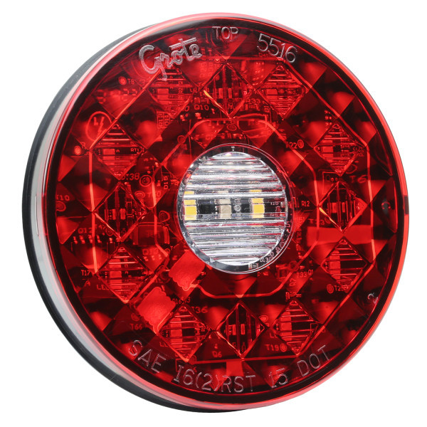 Image of STT LAMP, 4", RED, LED, ROUND, W/INTEGRATED BACK-UP, AMP CONNECTOR, HEATED from Grote. Part number: 55262