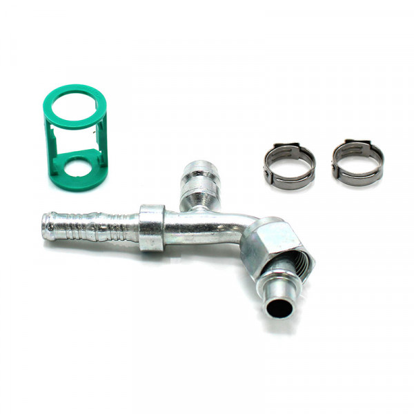 Image of A/C Refrigerant Hose Fitting - 90 Degree Female O-ring w/R134a Port Steel Fitting Kit from Sunair. Part number: BC-54719-08-08K