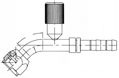 Image of A/C Refrigerant Hose Fitting - 45 degree  Female O-ring w/R134a Port Steel Fitting from Sunair. Part number: FF-EJ3410-0808S