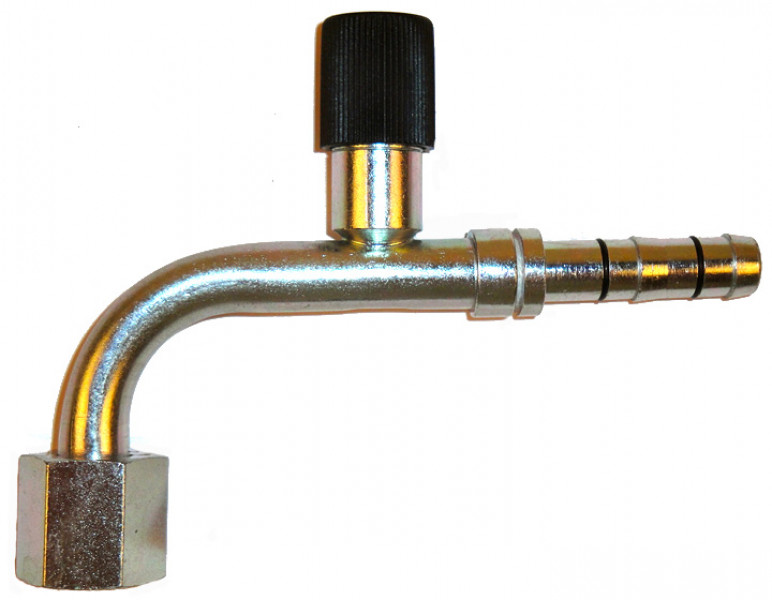 Image of 90 degree  Female Flare w/ R134a Port with fitting kit from Sunair. Part number: FF-FJ3133-02-0808S