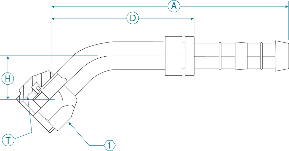 Image of A/C Refrigerant Hose Fitting - 45 degree  Female O-ring Steel Fitting from Sunair. Part number: FJ3055-02-0608S