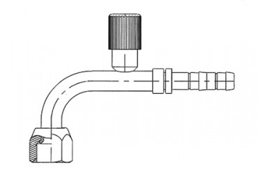 Image of A/C Refrigerant Hose Fitting - 90 degree  Fem Flare w/ R134a Port Steel Ftg from Sunair. Part number: FJ3133-01-0606S