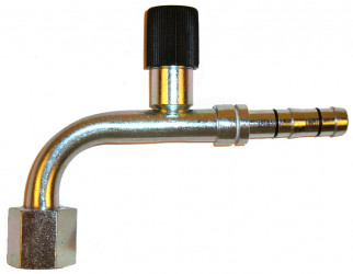 Image of A/C Refrigerant Hose Fitting - 90 degree  Fem Flare w/ R134a Port Steel Ftg from Sunair. Part number: FJ3133-02-0808S