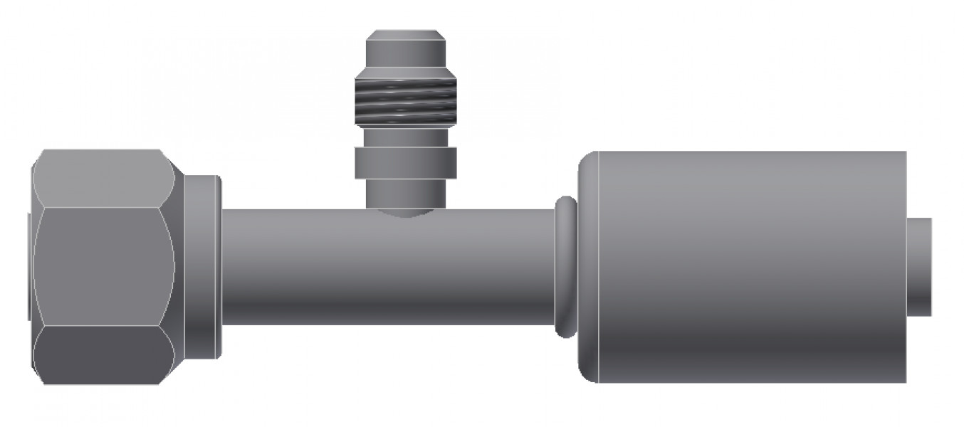 Image of A/C Refrigerant Hose Fitting - Fem-O-RING, LONG PILOT, W/ SW PORT - Std Barrier Steel Ftg from Sunair. Part number: SA-52710-06-06S