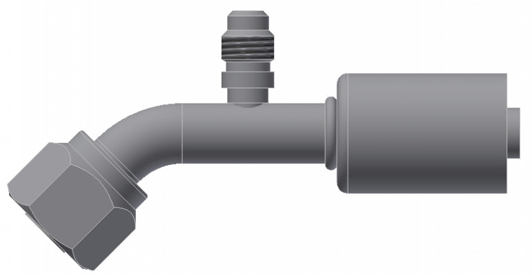 Image of A/C Refrigerant Hose Fitting - Fem-O-RING, LONG PILOT, 45uc0u65533  W/ SW PORT - Std Barrier Steel Ftg from Sunair. Part number: SA-52711-06-06S