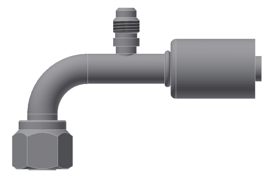 Image of A/C Refrigerant Hose Fitting - Fem-O-RING, LONG PILOT, 90uc0u65533  W/ SW PORT - Std Barrier Steel Ftg from Sunair. Part number: SA-52712-06-06S