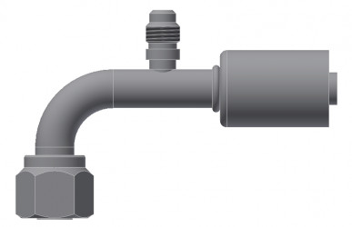 Image of A/C Refrigerant Hose Fitting - Fem-O-RING, LONG PILOT, 90 degree  W/ SW PORT - Std Barrier Steel Ftg from Sunair. Part number: SA-52712-08-08S