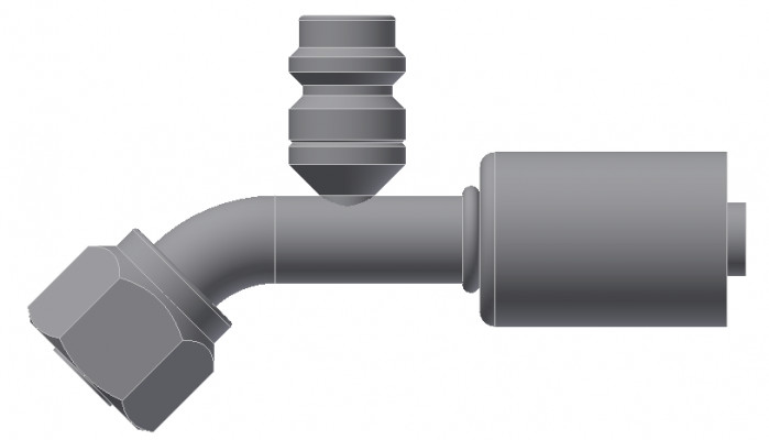 Image of A/C Refrigerant Hose Fitting - Fem-O-RING, LONG PILOT, 45uc0u65533  w/ R134 PORT - Std Barrier Steel Ftg from Sunair. Part number: SA-52718-06-06S