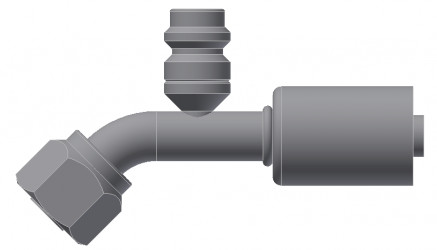 Image of A/C Refrigerant Hose Fitting - Fem-O-RING, LONG PILOT, 45 degree  w/ R134 PORT - Std Barrier Steel Ftg from Sunair. Part number: SA-52718-06-06S