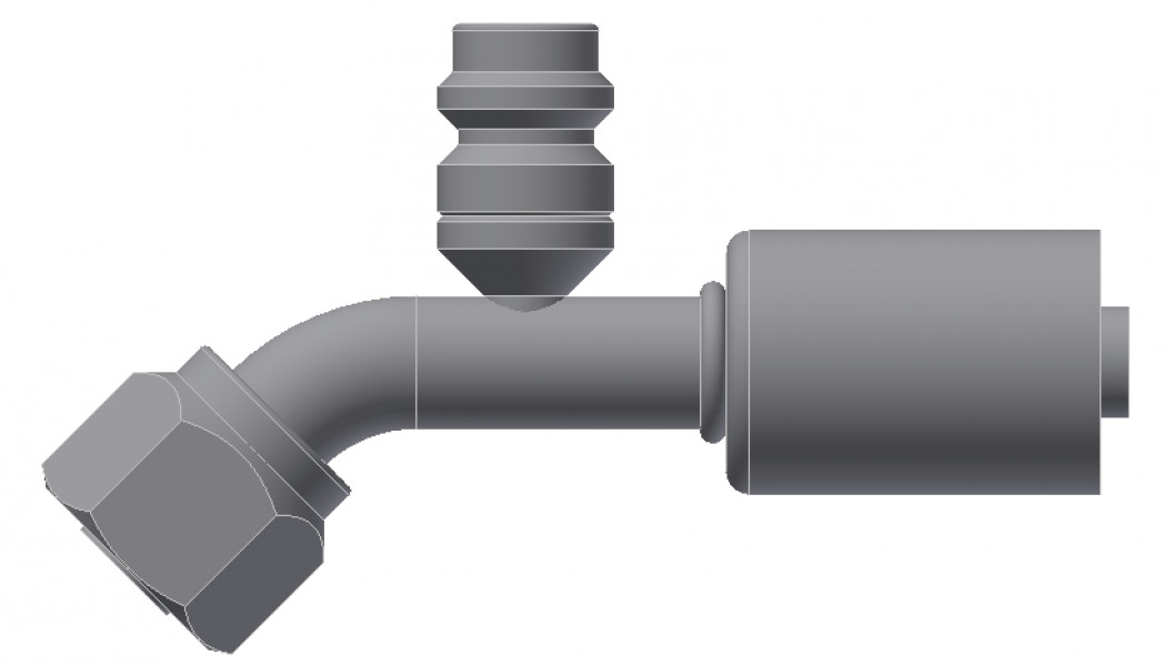 Image of A/C Refrigerant Hose Fitting - Fem-O-RING, LONG PILOT, 45uc0u65533  w/ R134 PORT - Std Barrier Steel Ftg from Sunair. Part number: SA-52718-08-08S