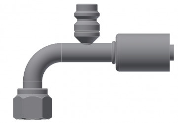 Image of A/C Refrigerant Hose Fitting - Fem-O-RING, LONG PILOT, 90 degree  W/ R134 PORT - Std Barrier Steel Ftg from Sunair. Part number: SA-52719-10-10S