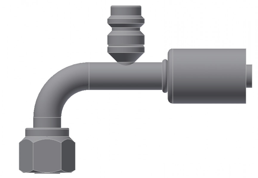 Image of A/C Refrigerant Hose Fitting - Fem-O-RING, LONG PILOT, 90uc0u65533  W/ R134 PORT - Std Barrier Steel Ftg from Sunair. Part number: SA-52719-10-12S