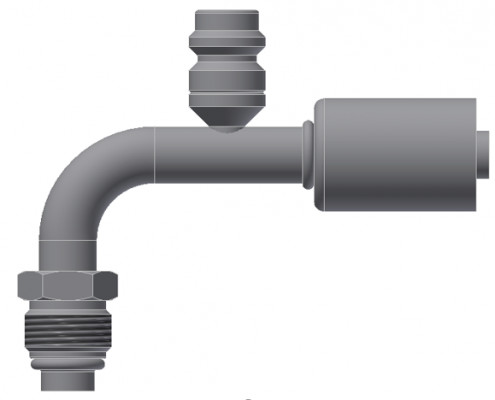 Image of A/C Refrigerant Hose Fitting - MALE-O-RING, SHORT PILOT, 90uc0u65533  W/ R134 PORT - Red Barrier Steel Ftg from Sunair. Part number: SA-53217-06-06S