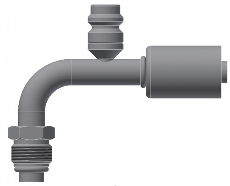 Image of A/C Refrigerant Hose Fitting - MALE-O-RING, SHORT PILOT, 90uc0u65533  W/ R134 PORT - Red Barrier Steel Ftg from Sunair. Part number: SA-53217-08-08S