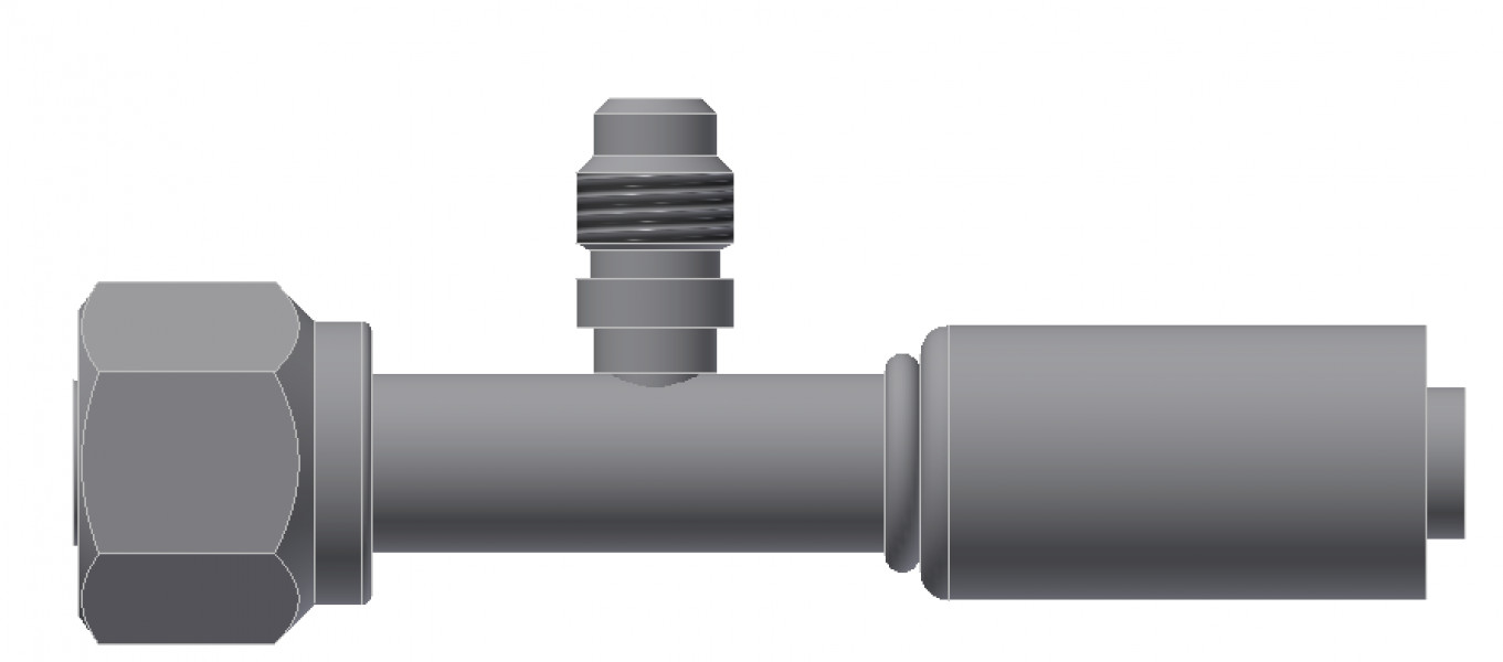 Image of A/C Refrigerant Hose Fitting - Fem-O-RING, LONG PILOT, W/ SW PORT - Red Barrier Steel Ftg from Sunair. Part number: SA-53710-06-06S