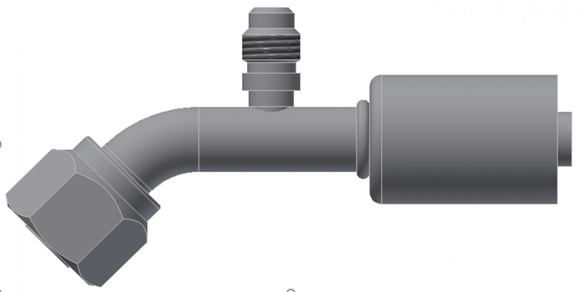 Image of A/C Refrigerant Hose Fitting - Fem-O-RING, LONG PILOT, 45 degree  W/ SW PORT - Red Barrier Steel Ftg from Sunair. Part number: SA-53711-06-06S