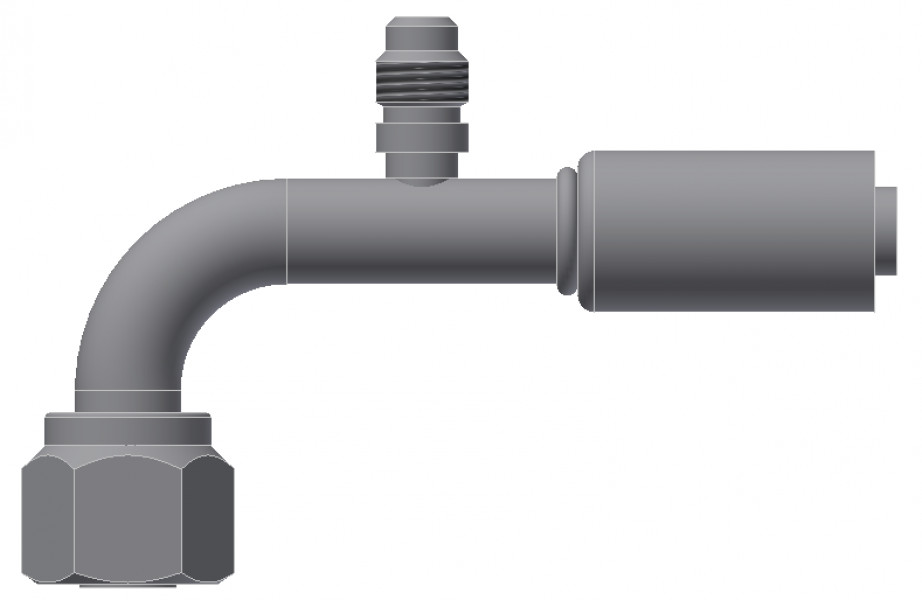 Image of A/C Refrigerant Hose Fitting - Fem-O-RING, LONG PILOT, 90uc0u65533  W/ SW PORT - Red Barrier Steel Ftg from Sunair. Part number: SA-53712-08-08S