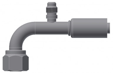 Image of A/C Refrigerant Hose Fitting - Fem-O-RING, LONG PILOT, 90 degree  W/ SW PORT - Red Barrier Steel Ftg from Sunair. Part number: SA-53712-10-12S