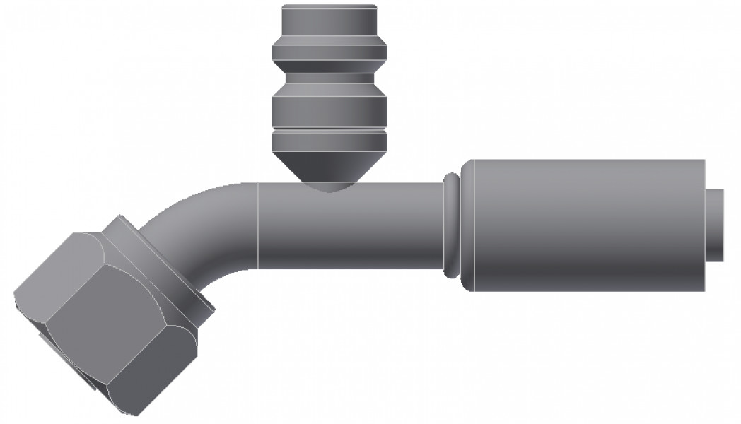 Image of A/C Refrigerant Hose Fitting - Fem-O-RING, LONG PILOT, 45uc0u65533  W/ R134 PORT - Red Barrier Steel Ftg from Sunair. Part number: SA-53718-06-06S