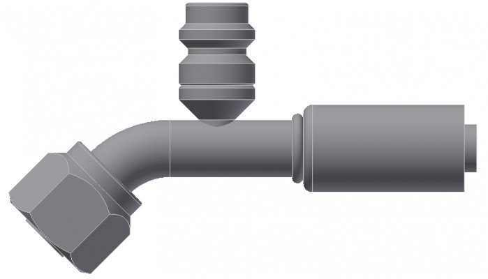 Image of A/C Refrigerant Hose Fitting - Fem-O-RING, LONG PILOT, 45uc0u65533  W/ R134 PORT - Red Barrier Steel Ftg from Sunair. Part number: SA-53718-10-10S